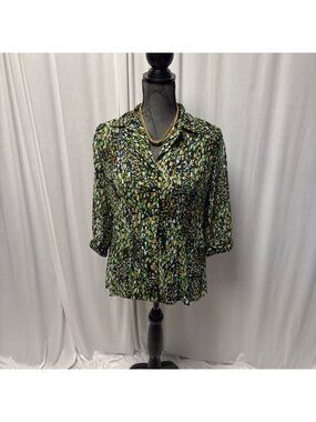 Joanna Womens Button-Down Blouse Size Medium Green Black Gold Lightweight Sheer